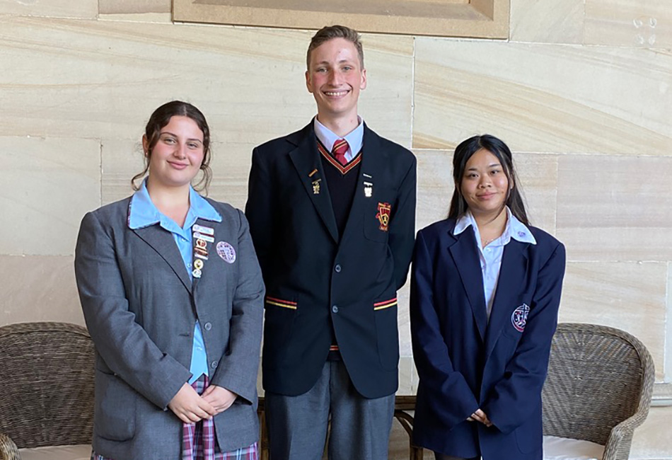 Sydney Catholic Schools' 2023 NSW Youth Community Service Award recipients Asteer Salem, Archie Kingham, and Erica Chau.
